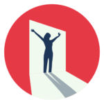 Logo-woman opening up for a new door